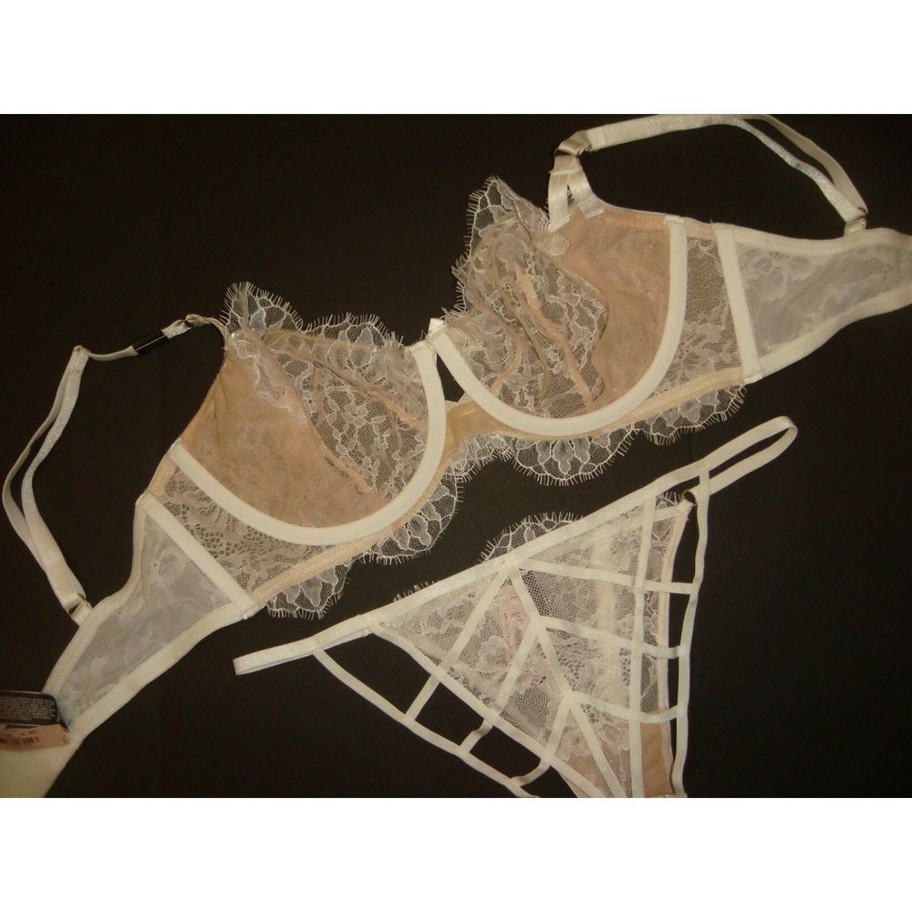 Victoria's Secret unlined 34B BRA SET S Panty White beige chantilly lace BRIDAL - Picture 4 of 4